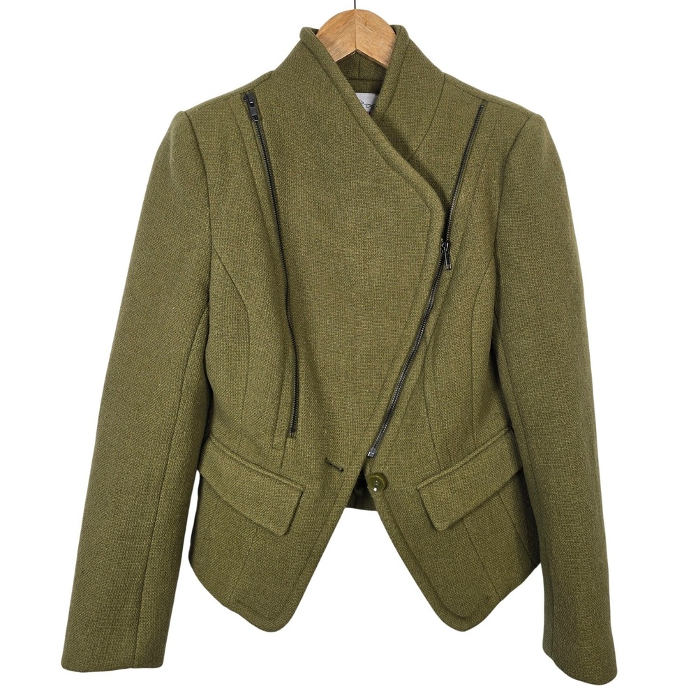 Pink Martini Collection Olive Green Wool Blend Asymmetrical‎ Moto Jacket XS